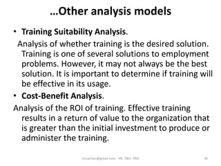…Other analysis models
• Training Suitability Analysis.
Analysis of whether training is the desired solution.
Training is one of several solutions to employment
problems. However, it may not always be the best
solution. It is important to determine if training will
be effective in its usage.
• Cost-Benefit Analysis.
Analysis of the ROI of training. Effective training
results in a return of value to the organization that
is greater than the initial investment to produce or
administer the training.
30jinuachan@gmail.com: HR: T&D: TNA
 