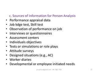 c. Sources of Information for Person Analysis
• Performance appraisal data
• Job kdge test, Skill test
• Observation of performance on job
• Interviews or questionnaires
• Assessment centers
• Individuals objectives
• Tests or simulations or role plays
• Attitude surveys
• Designed situations (e.g., AC)
• Worker diaries
• Developmental or employee initiated needs
37jinuachan@gmail.com: HR: T&D: TNA
 