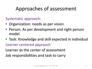 Approaches of assessment
Systematic approach:
• Organization: needs as per vision
• Person: As per development and right person
model
• Task: Knowledge and skill expected in individual
Learner centered approach
Learner as the center of assessment
Job responsibilities and task to carry
9jinuachan@gmail.com: HR: T&D: TNA
 