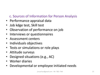 c. Sources of Information for Person Analysis
• Performance appraisal data
• Job kdge test, Skill test
• Observation of pe...