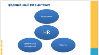 Традиционный HR был таким
HR
Рекрутмент
Развитие	
  
Performance	
  
management	
  
 