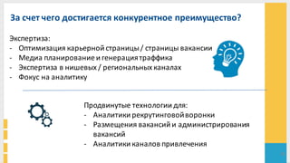 За	
  счет	
  чего	
  достигается	
  конкурентное	
  преимущество?	
  
26
Экспертиза:	
  
-­‐ Оптимизация	
  карьерной	
  страницы	
  / страницы	
  вакансии	
  
-­‐ Медиа	
  планирование	
  и	
  генерация	
  траффика	
  
-­‐ Экспертиза	
  в	
  нишевых	
  /	
  региональных	
  каналах	
  
-­‐ Фокус	
  на	
  аналитику	
  
Продвинутые	
  технологии	
  для:	
  
-­‐ Аналитики	
  рекрутинговой	
  воронки	
  
-­‐ Размещения	
  вакансий	
  и	
  администрирования	
  
вакансий	
  
-­‐ Аналитики	
  каналов	
  привлечения	
  
 