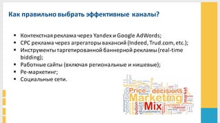 Как	
  правильно	
  выбрать	
  эффективные	
  каналы?	
  
27
§ Контекстная	
  реклама	
  через	
  Yandex и	
  Google	
  AdWords;
§ CPC	
  реклама	
  через	
  агрегаторывакансий	
  (Indeed,	
  Trud.com,	
  etc.);
§ Инструменты	
  таргетированной баннерной	
  рекламы	
  (real-­‐time	
  
bidding);
§ Работные	
  сайты	
  (включая	
  региональные	
  и	
  нишевые);	
  
§ Ре-­‐маркетинг;	
  
§ Социальные	
  сети.	
  
 