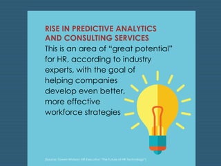 RISE IN PREDICTIVE ANALYTICS 
AND CONSULTING SERVICES 
This is an area of “great potential” 
for HR, according to industry 
experts, with the goal of 
helping companies 
develop even better, 
more effective 
workforce strategies 
(Source: Towers Watson; HR Executive “The Future of HR Technology”) 
 