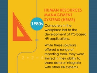 1980s 
HUMAN RESOURCES 
MANAGEMENT 
SYSTEMS (HRMS) 
Computers in the 
workplace led to the 
development of PC-based 
HR applications. 
While these solutions 
offered a range of 
reporting tools, they were 
limited in their ability to 
share data or integrate 
with other HR systems. 
 