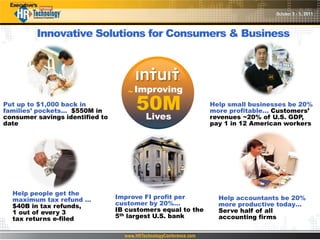 Innovative Solutions for Consumers & Business




                                    ~ Improving
Put up to $1,000 back in
families’ pockets… $550M in
consumer savings identified to
                                      50M
                                       Lives
                                                             Help small businesses be 20%
                                                             more profitable… Customers’
                                                             revenues ~20% of U.S. GDP,
date                                                         pay 1 in 12 American workers




  Help people get the
  maximum tax refund …           Improve FI profit per         Help accountants be 20%
  $40B in tax refunds,           customer by 20%…              more productive today…
  1 out of every 3               IB customers equal to the     Serve half of all
  tax returns e-filed            5th largest U.S. bank         accounting firms
 