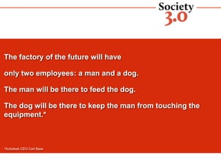 The factory of the future will have
only two employees: a man and a dog.
The man will be there to feed the dog.
The dog will be there to keep the man from touching the
equipment.*
*Autodesk CEO Carl Bass
 