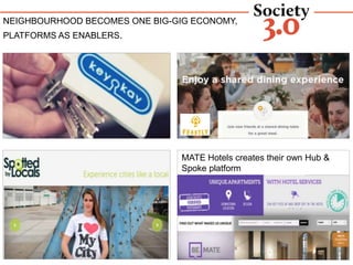 COLLABORATIVE SERVICE ECONOMY
NEIGHBOURHOOD BECOMES ONE BIG-GIG ECONOMY,
PLATFORMS AS ENABLERS.
MATE Hotels creates their own Hub &
Spoke platform
 