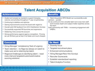 Talent Acquisition ABCDs
Achievements

Benefits

• Scaled and ramped as needed to support changing

• Talent Acquisition RPO Model can successfully scale
up/down…quickly!
As we continue to hire versatile talent and cross train staff,
we’ll increase depth and subject-matter expertise across
the team.
Solid partnership with TAMs – increasing engagement with
HRBPs.

volumes and priorities throughout 1st year of partnership.
Continuing to stabilize and optimize
Seeing improvements across the board with regard to
Overall solid HM feedback from 2012 Satisfaction Surveys
Successfully supported PM launches and expansions
Added key hires across the account

•
•
•
•
•
• Strong performance against agency competition. Proving

we can fill them just as fast if not faster and much cheaper.

Do Next

Concerns

• Hiring Manager “complacency”/lack of urgency
• Team retention – no flags but always on watch to
make sure we’re retaining top talent.
• Regional Challenges to identifying talent – need
more intel and targeted/customized/creative
sourcing solutions.

•
•
•
•
•
•
•

Diversity focus
Targeted recruitment plans
Enhanced communications
Hiring Manager/New Hire Surveys
Recruiter Scorecards
Establish standardized reporting
Talent Analytics Function

 
