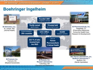 Boehringer Ingelheim

BI Pharmaceuticals, Inc.
Ridgefield, CT
(Prescription Medicines,
Consumer Health Care,
Research & Development)

BI Vetmedica, Inc.
St. Joseph, MO
(Animal Health)

BI Fremont, Inc.
Fremont, CA
(Biopharmaceuticals)

BI Roxane, Inc.
Roxane Laboratories
Columbus, OH
(Generics and Distribution)

Ben Venue Laboratories, Inc.
Bedford Laboratories™
Bedford, OH
(Sterile Injectables)

 