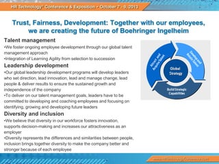 Trust, Fairness, Development: Together with our employees,
we are creating the future of Boehringer Ingelheim
Talent management
•We foster ongoing employee development through our global talent
management approach
•Integration of Learning Agility from selection to succession

Leadership development
•Our global leadership development programs will develop leaders
who set direction, lead innovation, lead and manage change, lead
people & deliver results to ensure the sustained growth and
independence of the company
•To deliver on our talent management goals, leaders have to be
committed to developing and coaching employees and focusing on
identifying, growing and developing future leaders

Diversity and inclusion
•We believe that diversity in our workforce fosters innovation,
supports decision-making and increases our attractiveness as an
employer
•Diversity represents the differences and similarities between people,
inclusion brings together diversity to make the company better and
stronger because of each employee

 