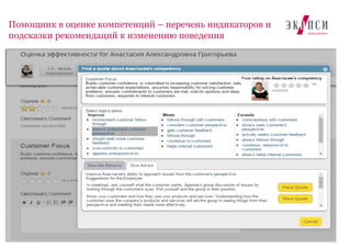14
Помощник в оценке компетенций – перечень индикаторов и
подсказки рекомендаций к изменению поведения
 