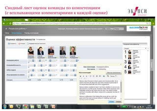 16
Сводный лист оценок команды по компетенциям
(с всплывающими комментариями к каждой оценке)
 