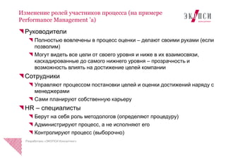 Изменение ролей участников процесса (на примере
Performance Management ’a)
Разработано «ЭКОПСИ Консалтинг»
Руководители
Полностью вовлечены в процесс оценки – делают своими руками (если
позволим)
Могут видеть все цели от своего уровня и ниже в их взаимосвязи,
каскадированные до самого нижнего уровня – прозрачность и
возможность влиять на достижение целей компании
Сотрудники
Управляют процессом постановки целей и оценки достижений наряду с
менеджерами
Сами планируют собственную карьеру
HR – специалисты
Берут на себя роль методологов (определяют процедуру)
Администрируют процесс, а не исполняют его
Контролируют процесс (выборочно)
 