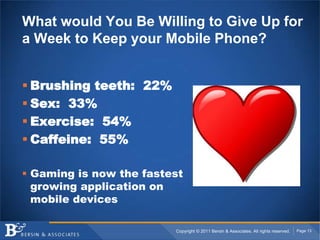 What would You Be Willing to Give Up for a Week to Keep your Mobile Phone?Brushing teeth:  22%Sex:  33%Exercise:  54%Caffeine:  55%Gaming is now the fastest growing application on mobile devices