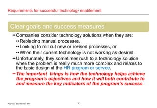 12Proprietary & Confidential | 2013
Requirements for successful technology enablement
Clear goals and success measures
••Companies consider technology solutions when they are:
••Replacing manual processes,
••Looking to roll out new or revised processes, or
••When their current technology is not working as desired.
••Unfortunately, they sometimes rush to a technology solution
when the problem is really much more complex and relates to
the basic design of the HR program or service.
••The important things is how the technology helps achieve
the program’s objectives and how it will both contribute to
and measure the key indicators of the program’s success.
 