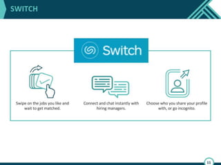 Let’s start with the obvious. I’m sure you’ve all heard the term ‘Mobile
First’. Well there are 5.2 billion mobile devices and 1.6b of them are
smartphones. To put that into perspective there are only 789m
laptops and 743m desktops. These devices are easy to use, small, and
interactive. Bottom line: Candidate’s are embracing mobile. Recently,
Dice.com reported that at least 35% of candidates who interact with
the site use it on their mobile device. Even dice needs to innovate.
How many of you have tried Tinder? Users no longer want to click and
type. It’s all about tap and swipe.
Switch is tinder for jobs. They have a mobile app which allows
candidates to search for jobs like they search for dates. Once a match
is made candidates can chat with the employer in real time. Employers
love the tool because they can post the job in minutes and chat with
the candidate by lunchtime. Candidates love the app for the same
reason.
 