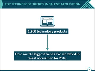 Over the last two years I have personally
demoed over 1,200 technology products which
has given me insight into future trends.
I’m amazed by the level of change we are all
living through. And, I’m excited to share the
biggest trends I’ve identified in talent
acquisition for 2016.
 