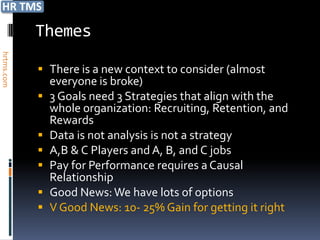 Themes
hrtms.com




             There is a new context to consider (almost
              everyone is broke)
             3 Goals need 3 Strategies that align with the
                whole organization: Recruiting, Retention, and
                Rewards
               Data is not analysis is not a strategy
               A,B & C Players and A, B, and C jobs
               Pay for Performance requires a Causal
                Relationship
               Good News: We have lots of options
               V Good News: 10- 25% Gain for getting it right
 
