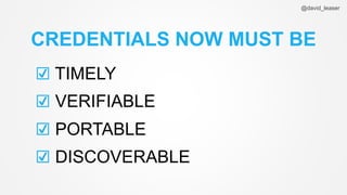 @david_leaser
CREDENTIALS NOW MUST BE
☑ TIMELY
☑ VERIFIABLE
☑ PORTABLE
☑ DISCOVERABLE
 