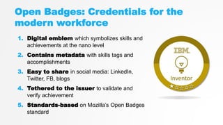 Open Badges: Credentials for the
modern workforce
1. Digital emblem which symbolizes skills and
achievements at the nano level
2. Contains metadata with skills tags and
accomplishments
3. Easy to share in social media: LinkedIn,
Twitter, FB, blogs
4. Tethered to the issuer to validate and
verify achievement
5. Standards-based on Mozilla’s Open Badges
standard
 