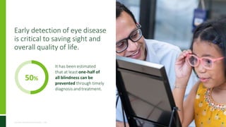 Early detection of eye disease
is critical to saving sight and
overall quality of life.
It has been estimated
that at least one-half of
all blindness can be
prevented through timely
diagnosis and treatment.
50%
Fast Facts of Common Eye Disorders | CDC
| 16
 