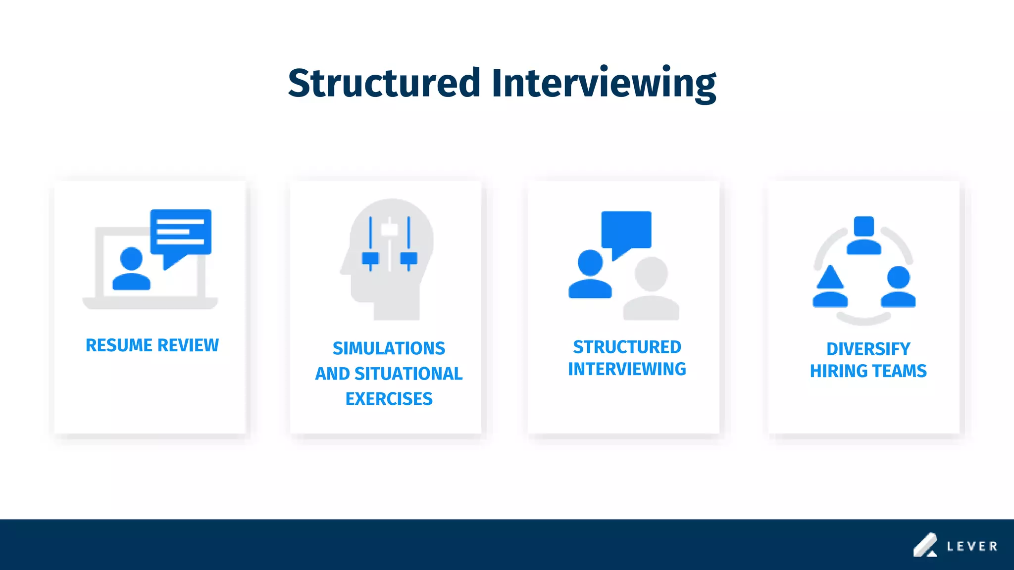 Structured Interviewing
RESUME REVIEW SIMULATIONS
AND SITUATIONAL
EXERCISES
STRUCTURED
INTERVIEWING
DIVERSIFY
HIRING TEAMS
 