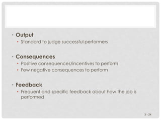 • Output
• Standard to judge successful performers
• Consequences
• Positive consequences/incentives to perform
• Few negative consequences to perform
• Feedback
• Frequent and specific feedback about how the job is
performed
3 - 24
 