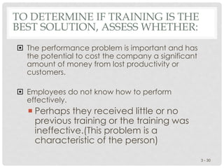 TO DETERMINE IF TRAINING IS THE
BEST SOLUTION, ASSESS WHETHER:
 The performance problem is important and has
the potential to cost the company a significant
amount of money from lost productivity or
customers.
 Employees do not know how to perform
effectively.
 Perhaps they received little or no
previous training or the training was
ineffective.(This problem is a
characteristic of the person)
3 - 30
 