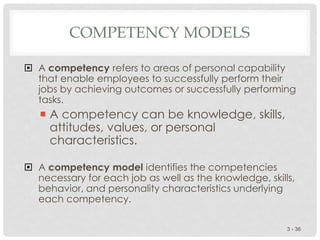 COMPETENCY MODELS
 A competency refers to areas of personal capability
that enable employees to successfully perform their
jobs by achieving outcomes or successfully performing
tasks.
 A competency can be knowledge, skills,
attitudes, values, or personal
characteristics.
 A competency model identifies the competencies
necessary for each job as well as the knowledge, skills,
behavior, and personality characteristics underlying
each competency.
3 - 36
 