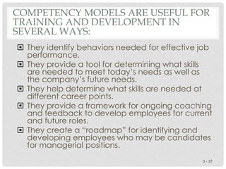 COMPETENCY MODELS ARE USEFUL FOR
TRAINING AND DEVELOPMENT IN
SEVERAL WAYS:
 They identify behaviors needed for effective job
performance.
 They provide a tool for determining what skills
are needed to meet today’s needs as well as
the company’s future needs.
 They help determine what skills are needed at
different career points.
 They provide a framework for ongoing coaching
and feedback to develop employees for current
and future roles.
 They create a “roadmap” for identifying and
developing employees who may be candidates
for managerial positions.
3 - 37
 