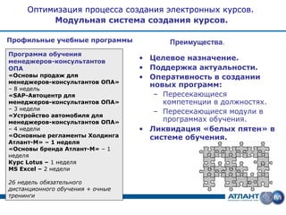 Оптимизация процесса создания электронных курсов.
          Модульная система создания курсов.

Профильные учебные программы            Преимущества.
Программа обучения
менеджеров-консультантов
                                  • Целевое назначение.
ОПА                               • Поддержка актуальности.
«Основы продаж для                • Оперативность в создании
менеджеров-консультантов ОПА»
                                    новых программ:
– 8 недель
«SAP-Автоцентр для                   – Пересекающиеся
менеджеров-консультантов ОПА»          компетенции в должностях.
– 3 недели
                                     – Пересекающиеся модули в
«Устройство автомобиля для
менеджеров-консультантов ОПА»          программах обучения.
– 4 недели                        • Ликвидация «белых пятен» в
«Основные регламенты Холдинга       системе обучения.
Атлант-М» – 1 неделя
«Основы бренда Атлант-М» – 1
неделя
Курс Lotus – 1 неделя
MS Excel – 2 недели

26 недель обязательного
дистанционного обучения + очные
тренинги
 