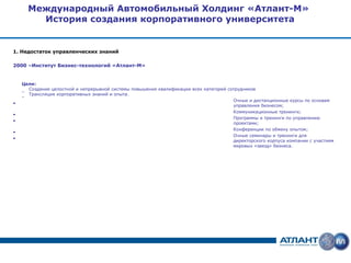 Международный Автомобильный Холдинг «Атлант-М»
        История создания корпоративного университета


1. Недостаток управленческих знаний

2000 –Институт Бизнес-технологий «Атлант-М»


    Цели:
      Создание целостной и непрерывной системы повышения квалификации всех категорий сотрудников
    –
      Трансляция корпоративных знаний и опыта.
    –
                                                                                       Очные и дистанционные курсы по основам
•
                                                                                       управления бизнесом;
                                                                                       Коммуникационные тренинги;
•
                                                                                       Программы и тренинги по управлению
•
                                                                                       проектами;
                                                                                       Конференции по обмену опытом;
•
                                                                                       Очные семинары и тренинги для
•
                                                                                       директорского корпуса компании с участием
                                                                                       мировых «звезд» бизнеса.
 