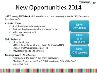 New Opportunities 2014
HR&Trainings EXPO 2014 - information and communicatory space in “HR, Career and
Development”.
4 Blocks of Topics :
 Staff development/ management
 Business development and entrepreneurship
 Individual development
 For parents
Main Audience:
 HR professionals
(different events for all levels: from Basic up to TOP)
 Leaders and Managers (not only HR)
 Providers of goods and services
Trainings Award - New Format:
 “Company of the Year”, “The Year’s Discovery”,
“Business Trainer of the Year”, “HR Department / CU of the Year”
 Interactive Final
NEW!
30 % topics
NEW!
25 %
exponents
NEW!
50 % speakers
 