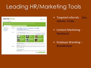 Leading HR/Marketing Tools
• Targeted referrals - Zao,
Jobvite, Findly
• Content Marketing -
QueSocial
• Employer Branding –
BrandAmper
 