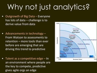 Why not just analytics?
• Outgrowth of Big Data – Everyone
has lots of data – challenge is to
derive value from data
• Advancements in technology –
From Watson to assessments to
retention – more tools than ever
before are emerging that are
driving this trend to predictive
• Talent as a competitive edge – In
an environment where people are
the key to compete, predictive
gives agile orgs an edge
 