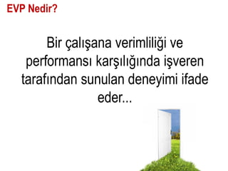 EVP Nedir?


       Bir çalışana verimliliği ve
   performansı karşılığında işveren
  tarafından sunulan deneyimi ifade
                 eder...
 