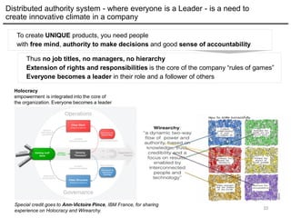 10
Distributed authority system - where everyone is a Leader - is a need to
create innovative climate in a company
To create UNIQUE products, you need people
with free mind, authority to make decisions and good sense of accountability
Thus no job titles, no managers, no hierarchy
Extension of rights and responsibilities is the core of the company “rules of games”
Everyone becomes a leader in their role and a follower of others
Holocracy
empowerment is integrated into the core of
the organization. Everyone becomes a leader
Special credit goes to Ann-Victoire Pince, IBM France, for sharing
experience on Holocracy and Wirearchy.
 