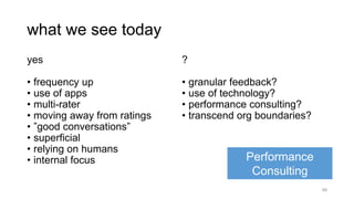 what we see today
yes
• frequency up
• use of apps
• multi-rater
• moving away from ratings
• ”good conversations”
• superficial
• relying on humans
• internal focus
?
• granular feedback?
• use of technology?
• performance consulting?
• transcend org boundaries?
98
Performance
Consulting
 