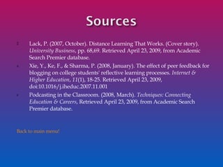 Lack, P. (2007, October). Distance Learning That Works. (Cover story).  University Business , pp. 68,69. Retrieved April 23, 2009, from Academic Search Premier database. Xie, Y., Ke, F., & Sharma, P. (2008, January). The effect of peer feedback for blogging on college students' reflective learning processes.  Internet & Higher Education ,  11 (1), 18-25. Retrieved April 23, 2009, doi:10.1016/j.iheduc.2007.11.001 Podcasting in the Classroom. (2008, March).  Techniques: Connecting Education & Careers , Retrieved April 23, 2009, from Academic Search Premier database. Back to main menu! 