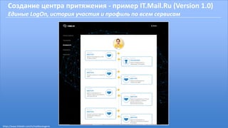 Создание центра притяжения - пример IT.Mail.Ru (Version 1.0)
Единые LogOn, история участия и профиль по всем сервисам
https://www.linkedin.com/in/malikoveugene
 