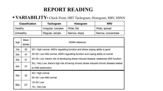 REPORT READING
 VARIABILITY- Check Point; HRT Tachogram, Histogram, RRV, SDNN
 