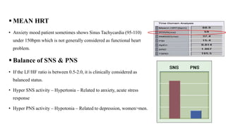  MEAN HRT
• Anxiety mood patient sometimes shows Sinus Tachycardia (95-110)
under 150bpm which is not generally considered as functional heart
problem.
 Balance of SNS & PNS
• If the LF/HF ratio is between 0.5-2.0, it is clinically considered as
balanced status.
• Hyper SNS activity – Hypertonia – Related to anxiety, acute stress
response
• Hyper PNS activity – Hypotonia – Related to depression, women>men.
 