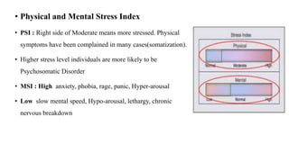 • Physical and Mental Stress Index
• PSI : Right side of Moderate means more stressed. Physical
symptoms have been complained in many cases(somatization).
• Higher stress level individuals are more likely to be
Psychosomatic Disorder
• MSI : High anxiety, phobia, rage, panic, Hyper-arousal
• Low slow mental speed, Hypo-arousal, lethargy, chronic
nervous breakdown
 