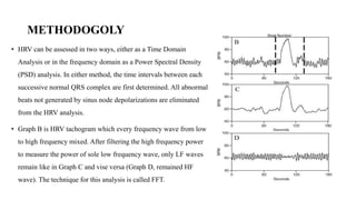 METHODOGOLY
• HRV can be assessed in two ways, either as a Time Domain
Analysis or in the frequency domain as a Power Spectral Density
(PSD) analysis. In either method, the time intervals between each
successive normal QRS complex are first determined. All abnormal
beats not generated by sinus node depolarizations are eliminated
from the HRV analysis.
• Graph B is HRV tachogram which every frequency wave from low
to high frequency mixed. After filtering the high frequency power
to measure the power of sole low frequency wave, only LF waves
remain like in Graph C and vise versa (Graph D, remained HF
wave). The technique for this analysis is called FFT.
 