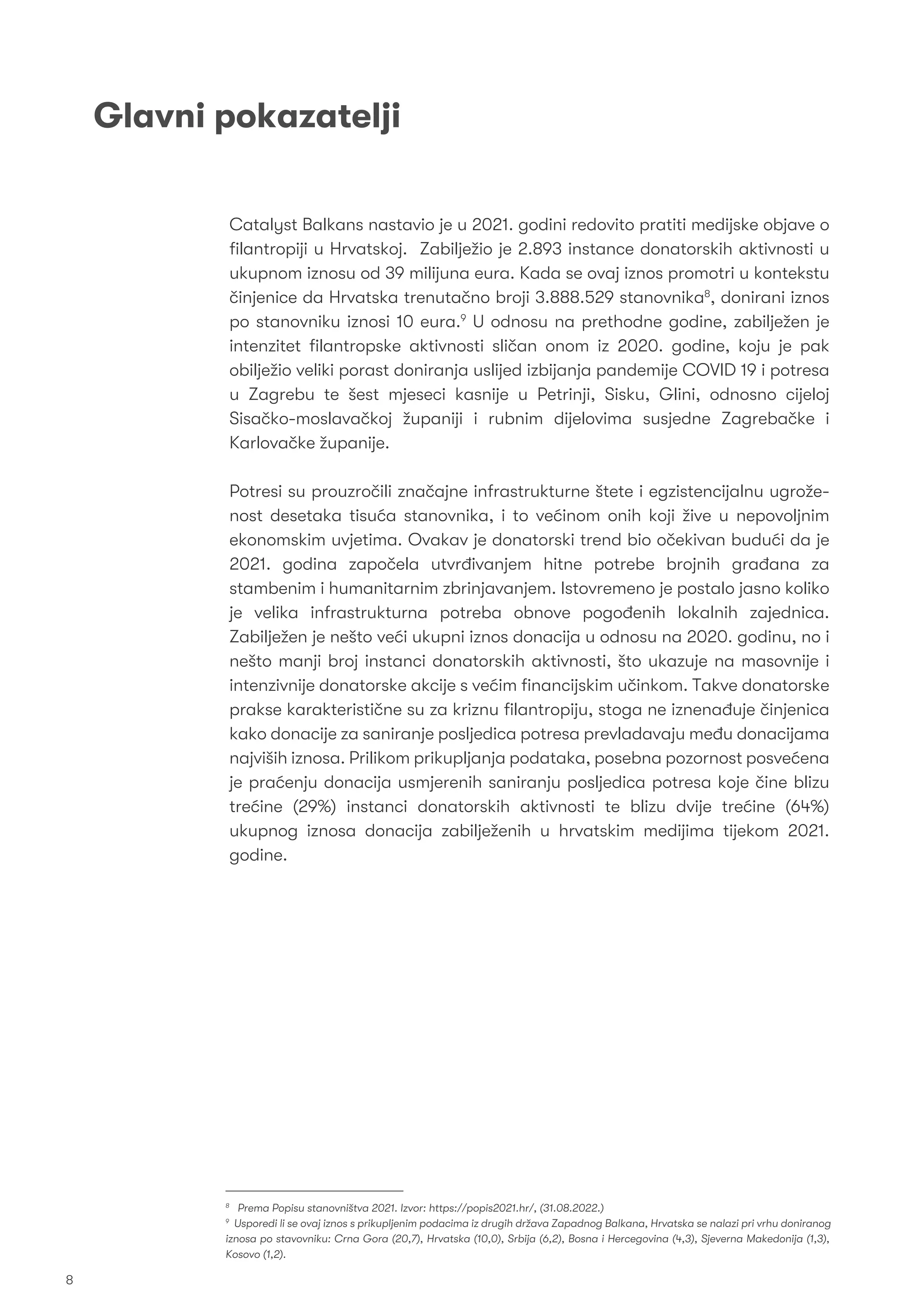 Glavni pokazatelji
Catalyst Balkans nastavio je u 2021. godini redovito pratiti medijske objave o
ﬁlantropiji u Hrvatskoj. Zabilježio je 2.893 instance donatorskih aktivnosti u
ukupnom iznosu od 39 milijuna eura. Kada se ovaj iznos promotri u kontekstu
činjenice da Hrvatska trenutačno broji 3.888.529 stanovnika8
, donirani iznos
po stanovniku iznosi 10 eura.9
U odnosu na prethodne godine, zabilježen je
intenzitet ﬁlantropske aktivnosti sličan onom iz 2020. godine, koju je pak
obilježio veliki porast doniranja uslijed izbijanja pandemije COVID 19 i potresa
u Zagrebu te šest mjeseci kasnije u Petrinji, Sisku, Glini, odnosno cijeloj
Sisačko-moslavačkoj županiji i rubnim dijelovima susjedne Zagrebačke i
Karlovačke županije.
Potresi su prouzročili značajne infrastrukturne štete i egzistencijalnu ugrože-
nost desetaka tisuća stanovnika, i to većinom onih koji žive u nepovoljnim
ekonomskim uvjetima. Ovakav je donatorski trend bio očekivan budući da je
2021. godina započela utvrđivanjem hitne potrebe brojnih građana za
stambenim i humanitarnim zbrinjavanjem. Istovremeno je postalo jasno koliko
je velika infrastrukturna potreba obnove pogođenih lokalnih zajednica.
Zabilježen je nešto veći ukupni iznos donacija u odnosu na 2020. godinu, no i
nešto manji broj instanci donatorskih aktivnosti, što ukazuje na masovnije i
intenzivnije donatorske akcije s većim ﬁnancijskim učinkom. Takve donatorske
prakse karakteristične su za kriznu ﬁlantropiju, stoga ne iznenađuje činjenica
kako donacije za saniranje posljedica potresa prevladavaju među donacijama
najviših iznosa. Prilikom prikupljanja podataka, posebna pozornost posvećena
je praćenju donacija usmjerenih saniranju posljedica potresa koje čine blizu
trećine (29%) instanci donatorskih aktivnosti te blizu dvije trećine (64%)
ukupnog iznosa donacija zabilježenih u hrvatskim medijima tijekom 2021.
godine.
8
8
Prema Popisu stanovništva 2021. Izvor: https://popis2021.hr/, (31.08.2022.)
9
Usporedi li se ovaj iznos s prikupljenim podacima iz drugih država Zapadnog Balkana, Hrvatska se nalazi pri vrhu doniranog
iznosa po stavovniku: Crna Gora (20,7), Hrvatska (10,0), Srbija (6,2), Bosna i Hercegovina (4,3), Sjeverna Makedonija (1,3),
Kosovo (1,2).
 