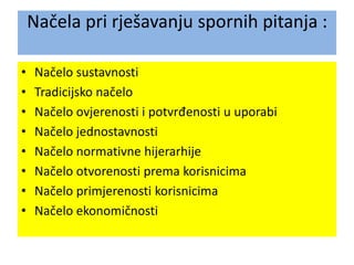 Načela pri rješavanju spornih pitanja :
• Načelo sustavnosti
• Tradicijsko načelo
• Načelo ovjerenosti i potvrđenosti u uporabi
• Načelo jednostavnosti
• Načelo normativne hijerarhije
• Načelo otvorenosti prema korisnicima
• Načelo primjerenosti korisnicima
• Načelo ekonomičnosti
 