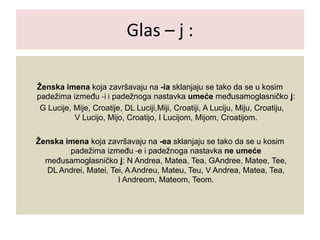 Glas – j :
Ženska imena koja završavaju na -ia sklanjaju se tako da se u kosim
padežima između -i i padežnoga nastavka umeće međusamoglasničko j:
G Lucije, Mije, Croatije, DL Luciji,Miji, Croatiji, A Luciju, Miju, Croatiju,
V Lucijo, Mijo, Croatijo, I Lucijom, Mijom, Croatijom.
Ženska imena koja završavaju na -ea sklanjaju se tako da se u kosim
padežima između -e i padežnoga nastavka ne umeće
međusamoglasničko j: N Andrea, Matea, Tea, GAndree, Matee, Tee,
DL Andrei, Matei, Tei, A Andreu, Mateu, Teu, V Andrea, Matea, Tea,
I Andreom, Mateom, Teom.
 