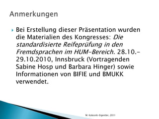 Auswahl der HörtexteZu beachten:Authentische Sprecher, keine LehrtexteKein spezielles Hintergrundwissen bzw. Spezialvokabular notwendigDie Aufnahmen können/müssen einige Nebengeräusche beinhalten, die in natürlicher Umgebung vorkommenAnzahl der Gesprächspartner – max. 2, deutlicher StimmenunterschiedMännliche und weibliche Stimmen unterschiedliches AltersKeine Lehrbücher oder öffentlich zugängliche Materialien als QuellenLänge eines Hörtextes 1-5 Min.Geschwindigkeit: 150 Wörter pro Min?? (100-120) (je 10 sec. am Anfang, Mitte und Ende der Aufnahme messen und Durchschnitt errechnen)Ein Item = ein PunktM. Kolesnik-Eigentler, 2011