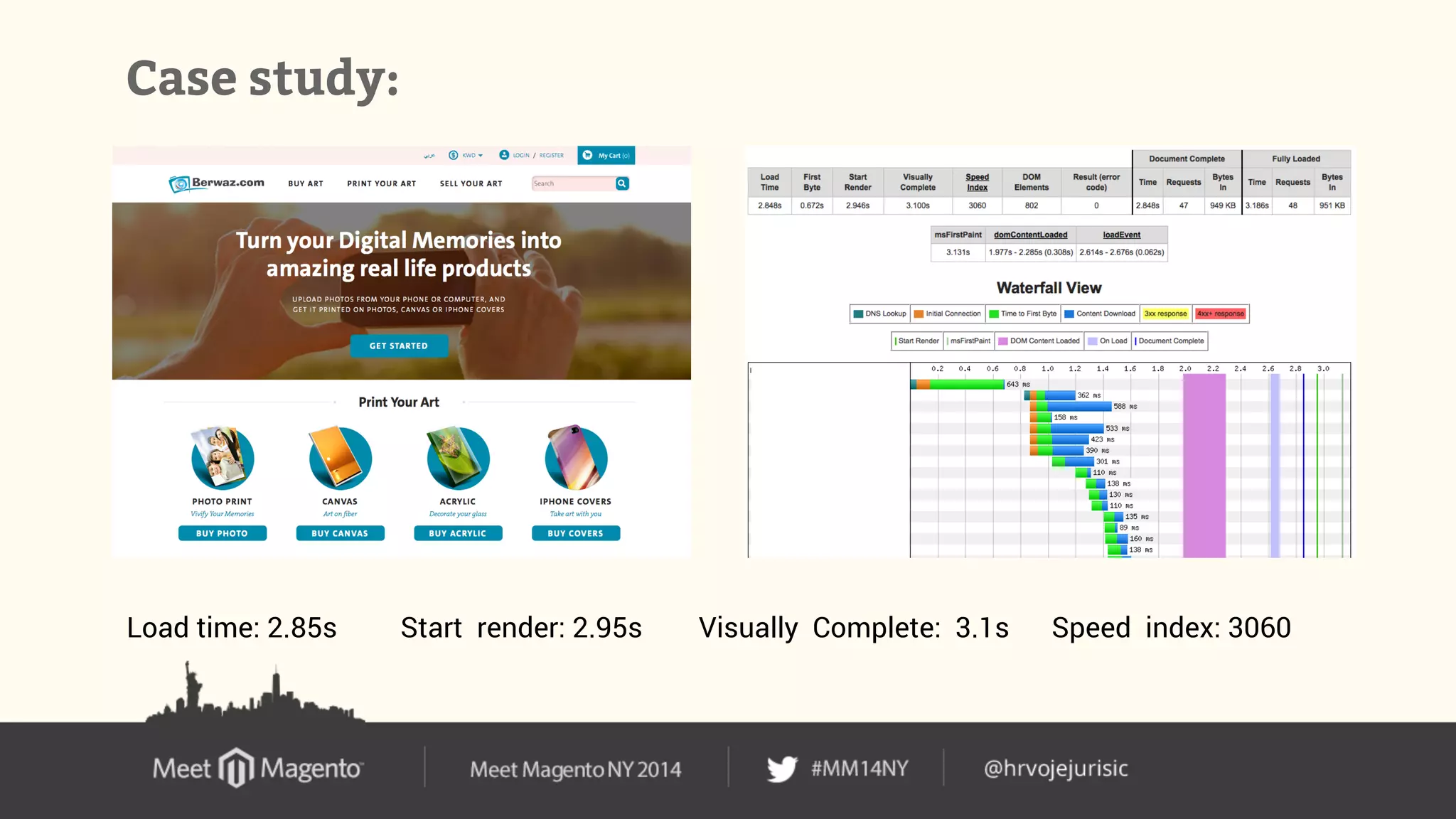 Case study: 
Load time: 2.85s Start render: 2.95s Visually Complete: 3.1s Speed index: 3060 
 
